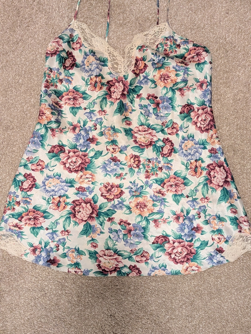 Vintage Floral Lace-Trim Satin Chemise - Multi Floral